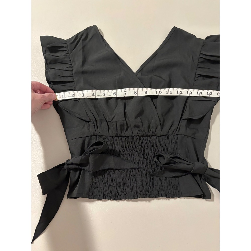 Black Ruffle Sleeve Smocked Waist Wrap Front Crop‎ Top Elegant Feminine SZ S - Picture 5 of 7